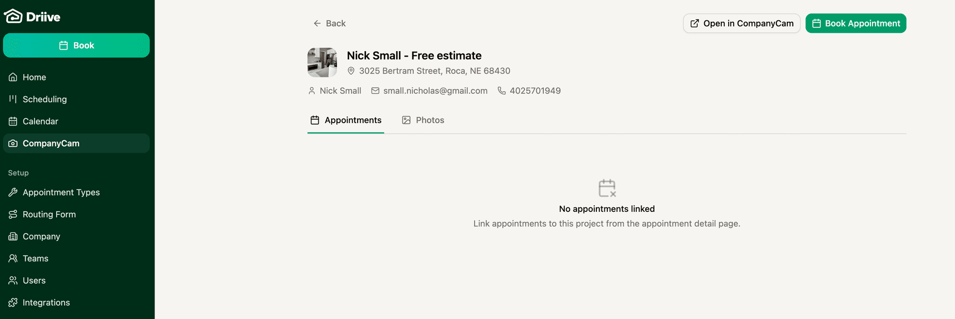 CompanyCam project detail in Driive with Book Appointment and Open in CompanyCam buttons