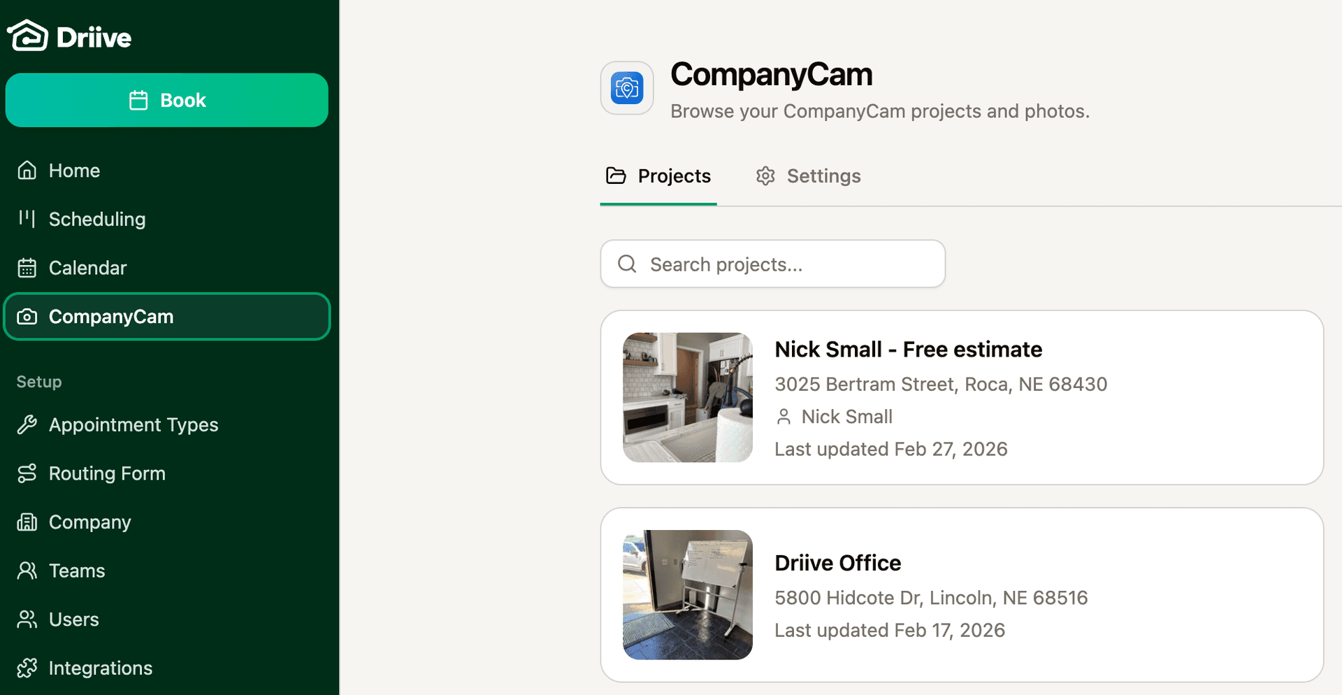 CompanyCam projects browsable inside Driive with project thumbnails, addresses, and search