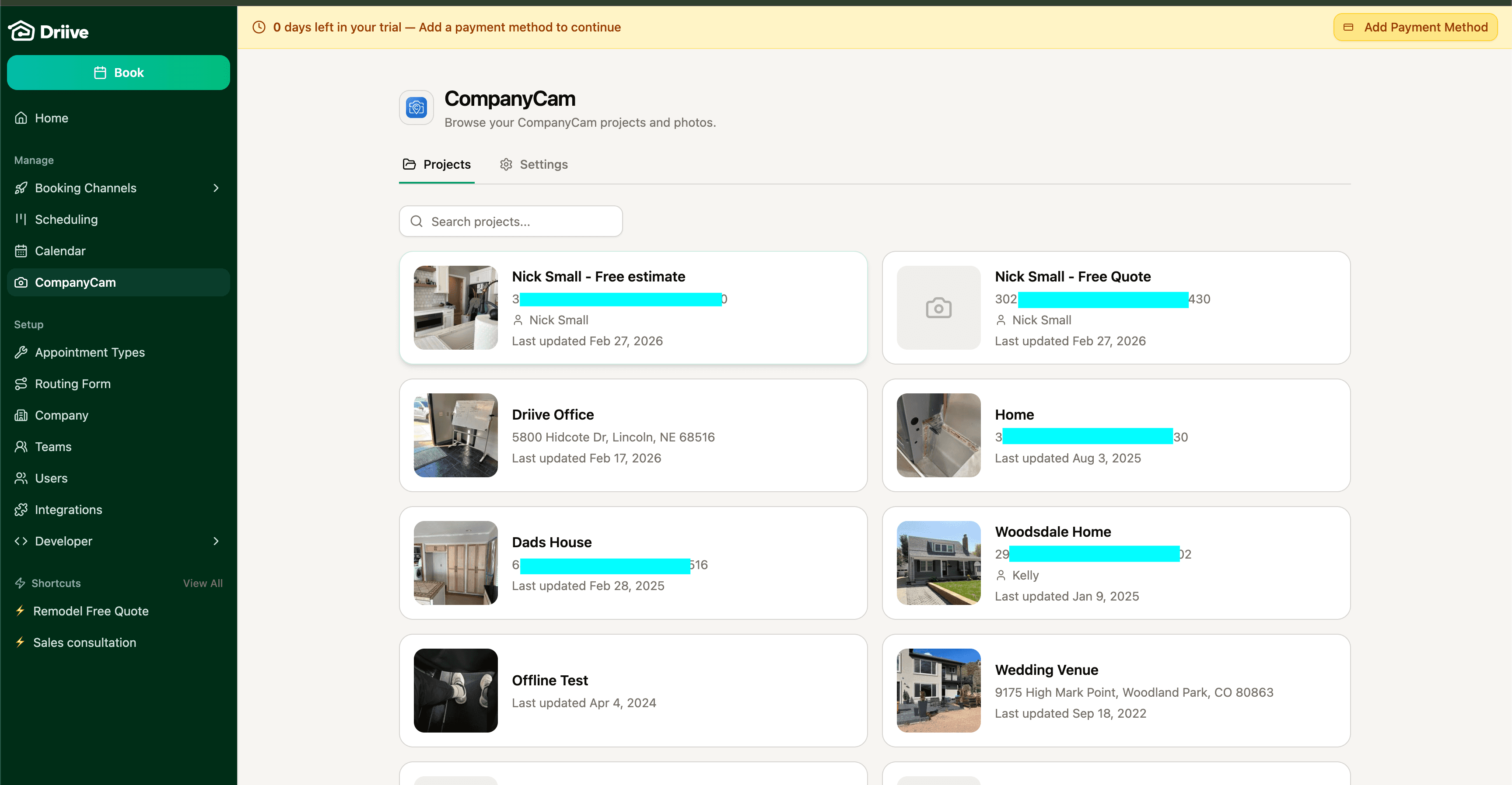 Driive CompanyCam projects list showing all synced projects